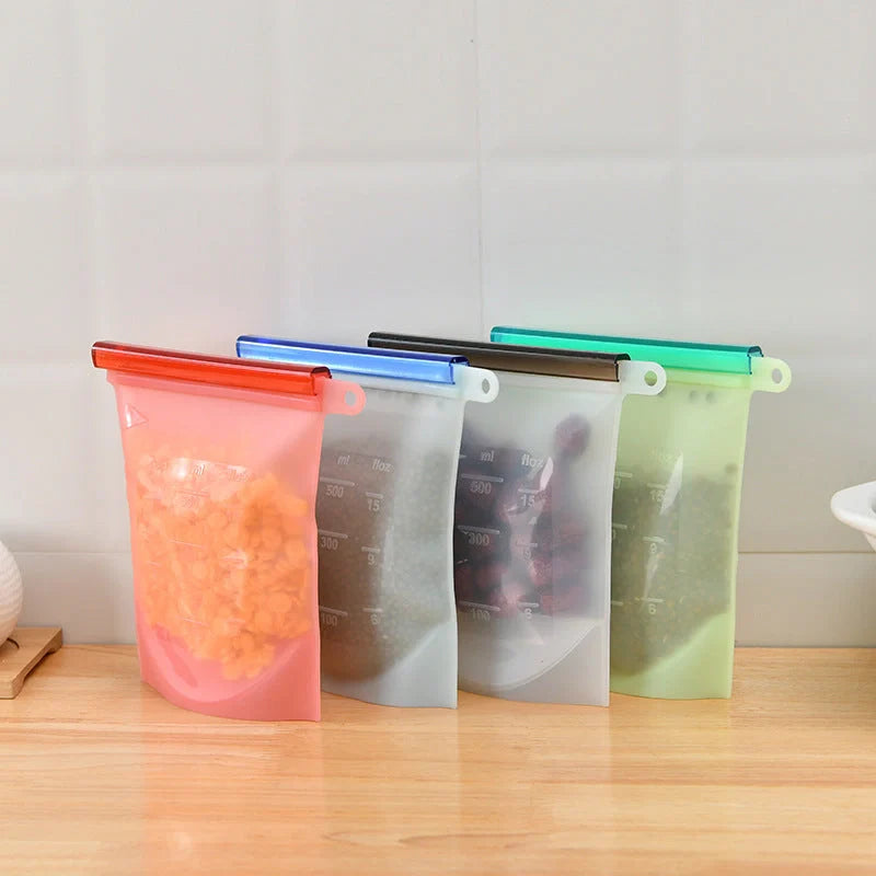 Silicone vacuum sealed kitchen storage bags in various colors with drawstring design