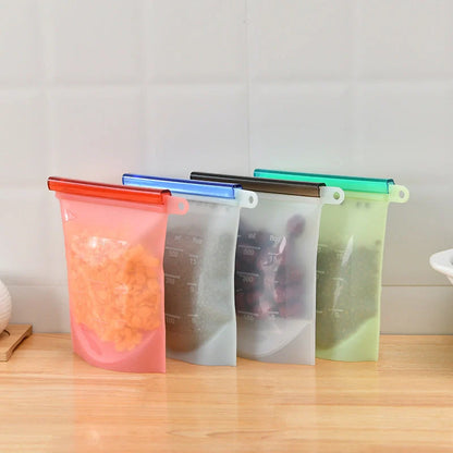 Silicone vacuum sealed kitchen storage bags in various colors with drawstring design