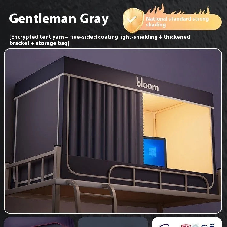 Grey bed curtains with integrated mosquito net on 0.9m bed frame showing five-sided enclosure