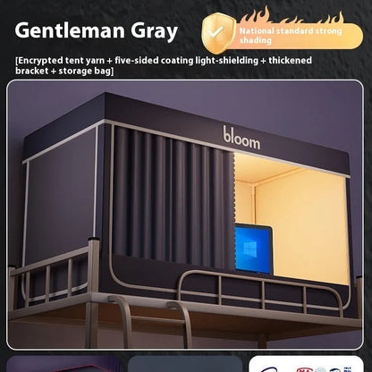 Grey bed curtains with integrated mosquito net on 0.9m bed frame showing five-sided enclosure