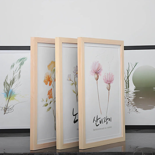 Rectangular solid wood photo frame with baking paint finish showing colour options and size variations