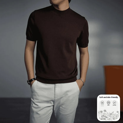 Men's solid colour knitted T-shirt with round neck and short sleeves on a hanger.