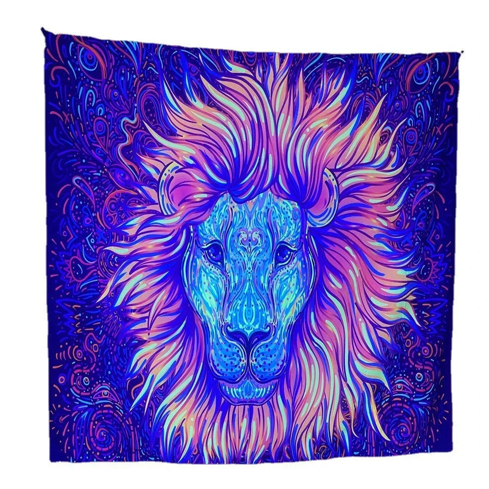 Fluorescent tapestry with psychedelic mushroom pattern glowing under UV light, measuring 150x130cm