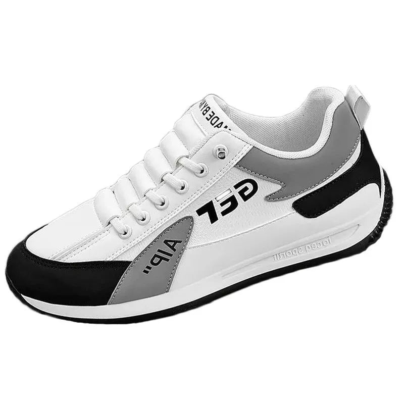 Men's breathable mesh sports shoes with non-slip sole in black, white, gray, and khaki