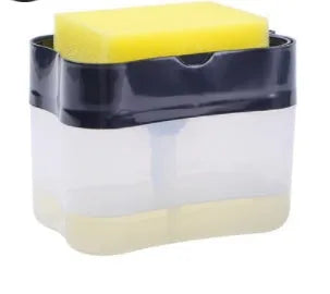Grey plastic kitchen soap dispenser with pump mechanism on countertop