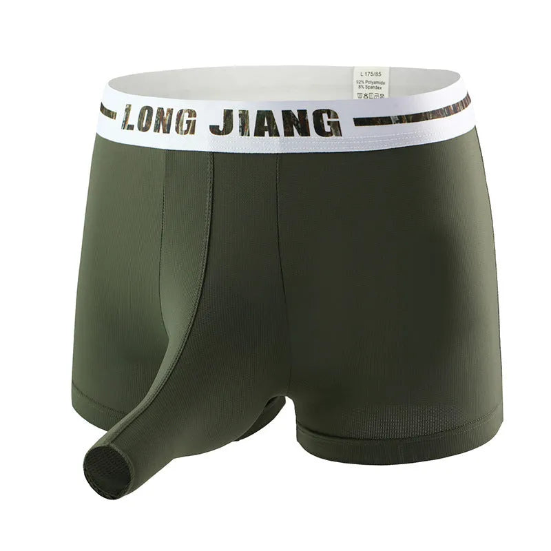 Men's grey blue ice silk trunk open boxers laid flat, showing mid-waist and knitted fabric texture.