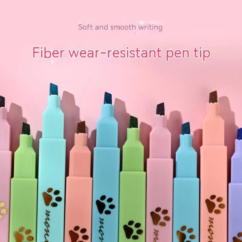 Cat's Paw fluorescent marking pen gift set, box open showing six pens with oblique heads.