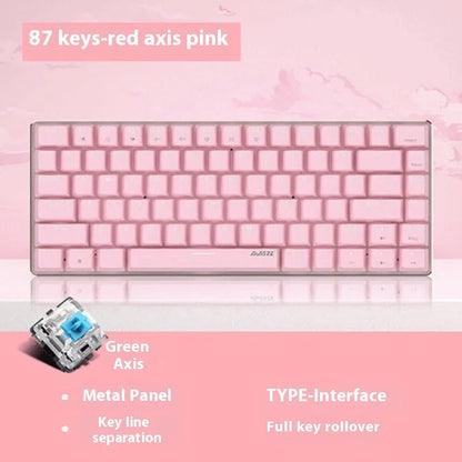 Pink mechanical keyboard with 82 keys and white backlight illumination on a desk.