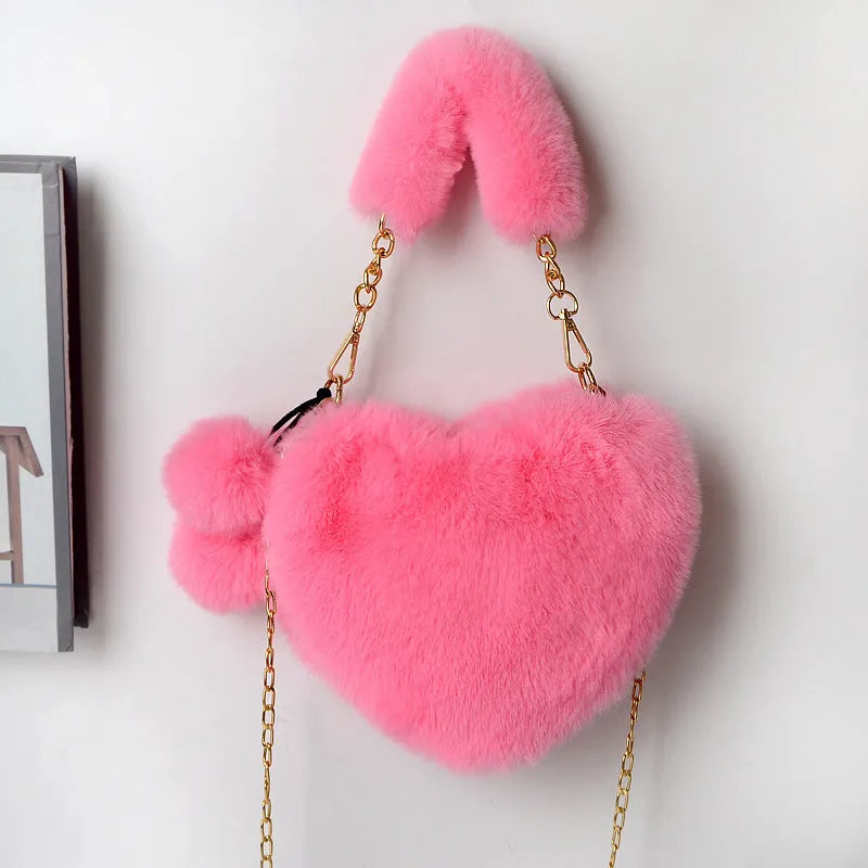 Women's soft plush heart-shaped handbag with shoulder strap in multiple solid colours