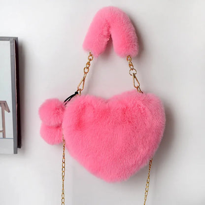Women's soft plush heart-shaped handbag with shoulder strap in multiple solid colours