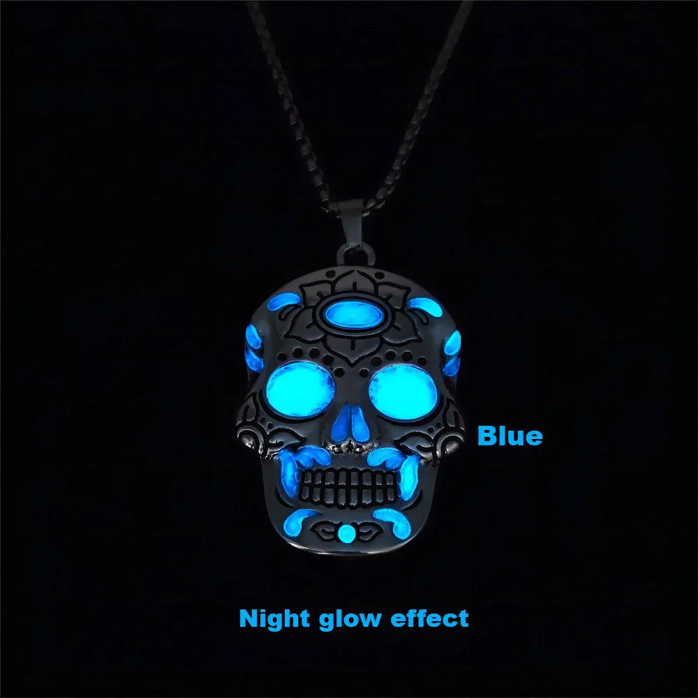 Glowing Halloween skull necklace with intricate Day of the Dead lotus pattern and vibrant color options