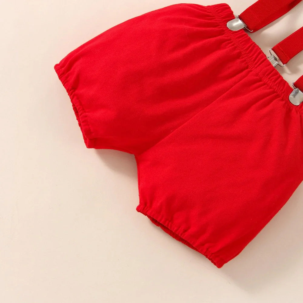 Red cotton baby romper with suspender shorts and printed letters for birthday celebrations