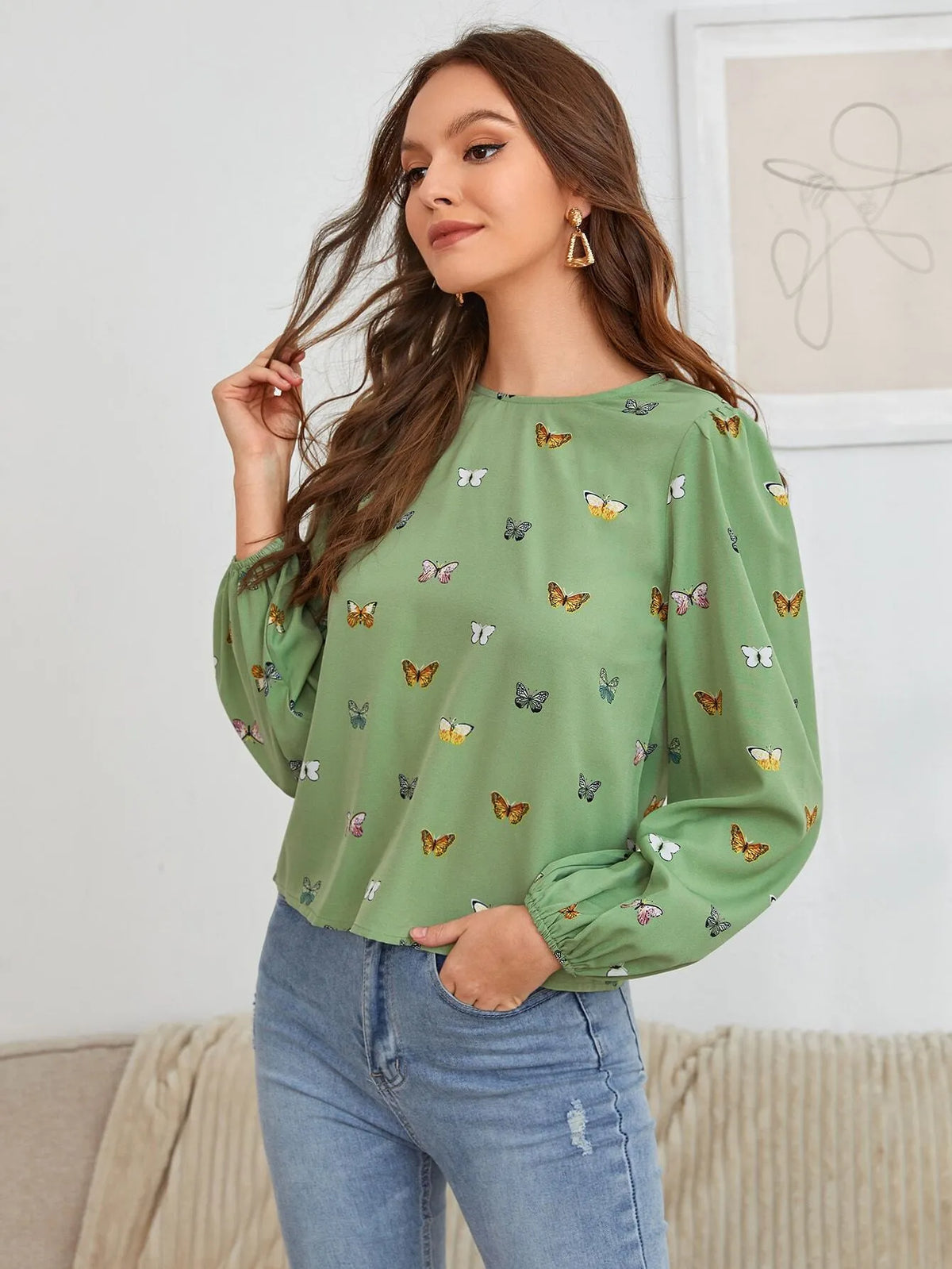 Women's loose fit long-sleeved shirt with colourful butterfly print in green colour option