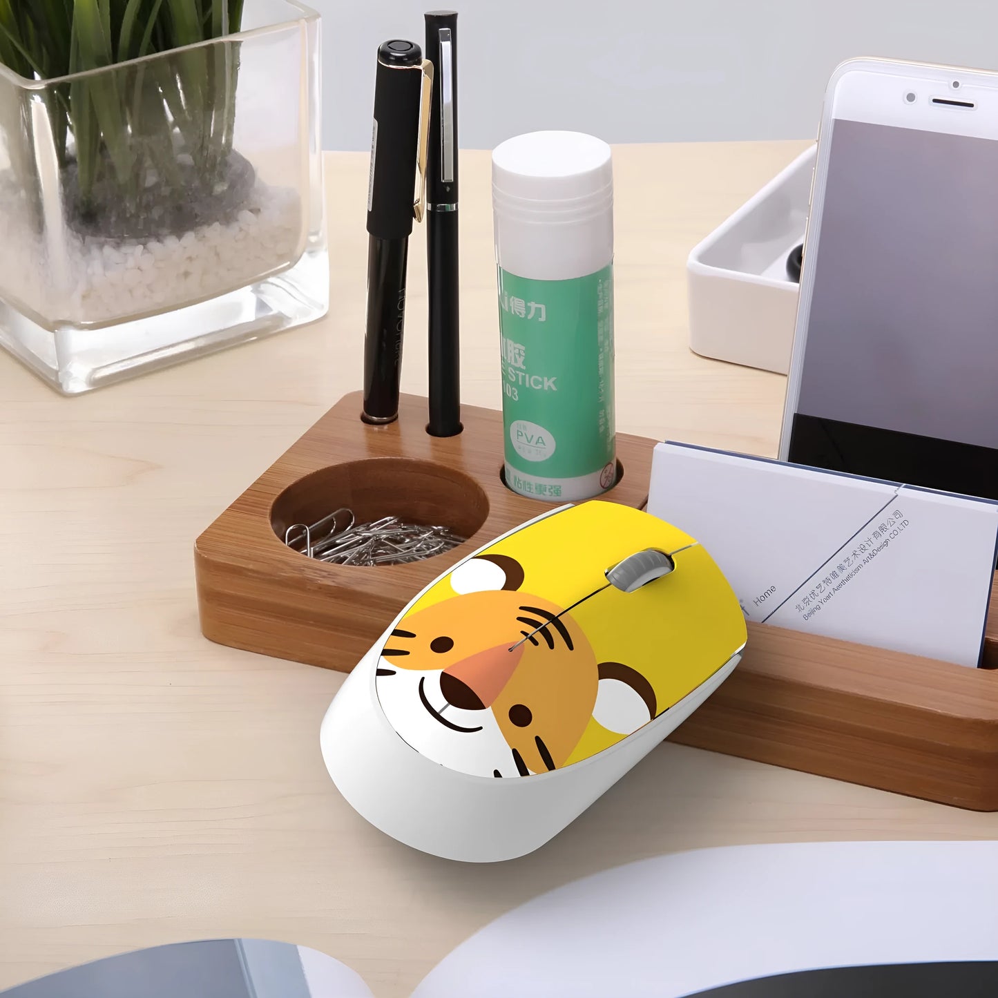 Wireless mini mouse with cartoon animal design showing compact 10.55cm width and USB receiver