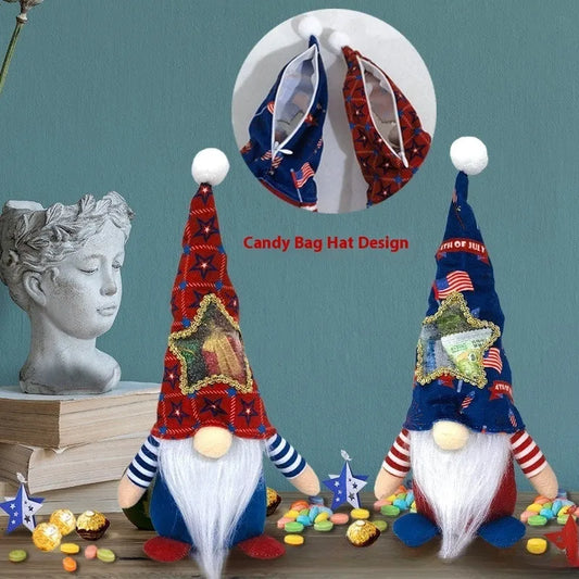Two 32x12cm faceless Rudolf doll ornaments with suit design and integrated candy bags