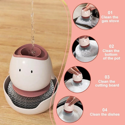 Automatic liquid filling dishwashing brush with ergonomic handle in cute chicken design