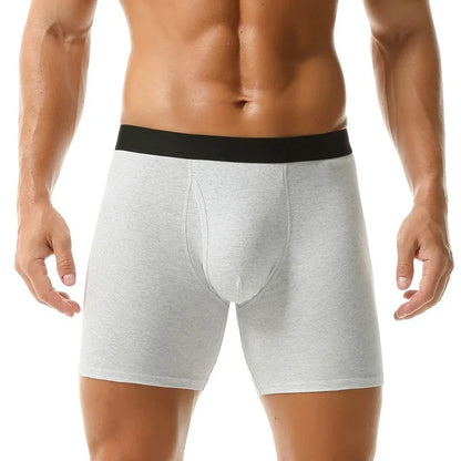Men's cotton boxer briefs in solid colours, seamless antibacterial design, sizes M to 5XL, multi-pack options.