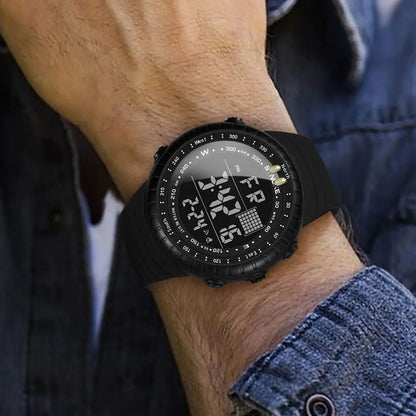 Black waterproof outdoor electronic watch for men with 54.74mm dial and adjustable PU strap on wrist