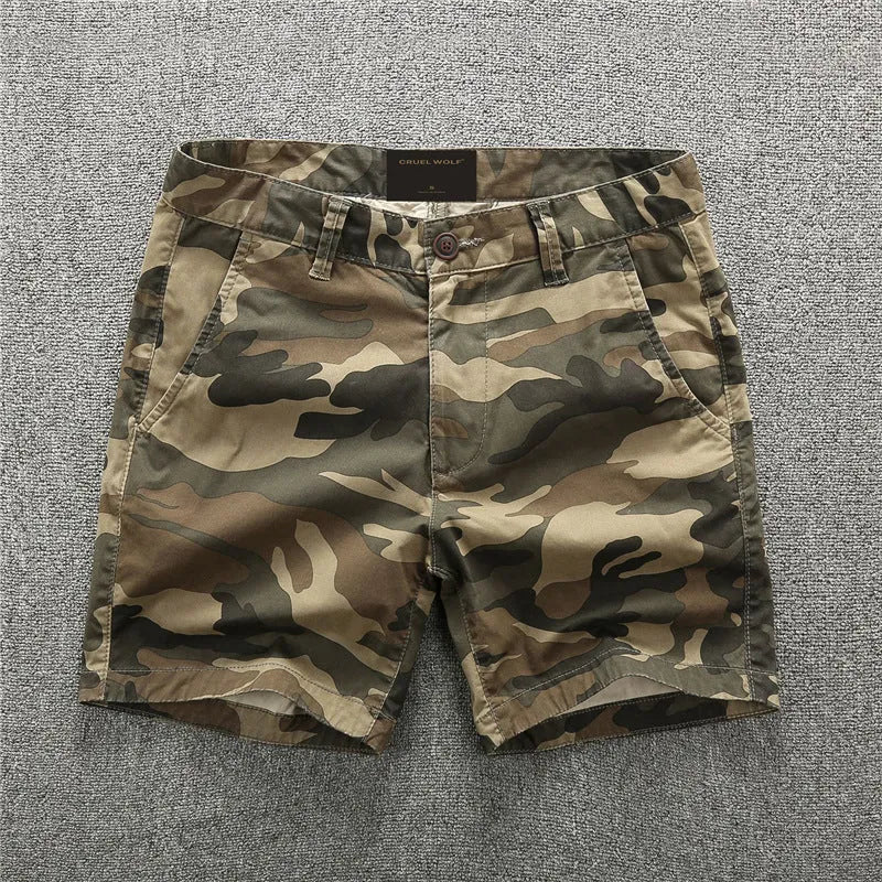 Cotton camouflage summer shorts with zip placket in multiple colour patterns including army green and sand camouflage