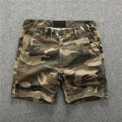 Cotton camouflage summer shorts with zip placket in multiple colour patterns including army green and sand camouflage