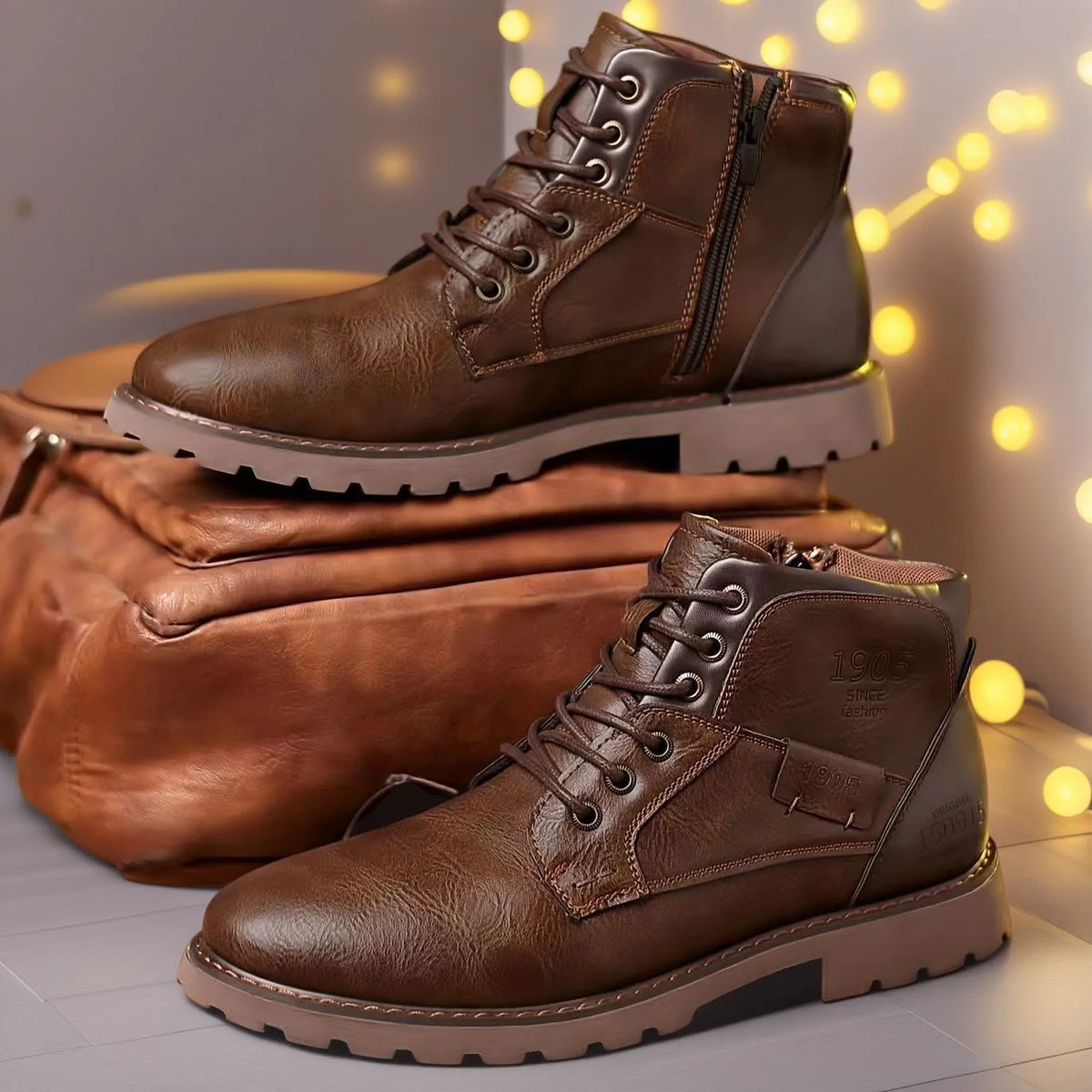 Men's brown ankle boots with side zip fastening and round toe design