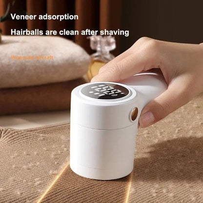 White electric lint remover with LED display showing fabric shaver dimensions 126x73x68mm