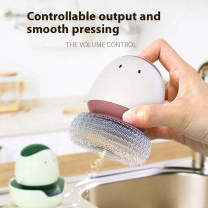 Automatic liquid filling dishwashing brush with ergonomic handle in cute chicken design