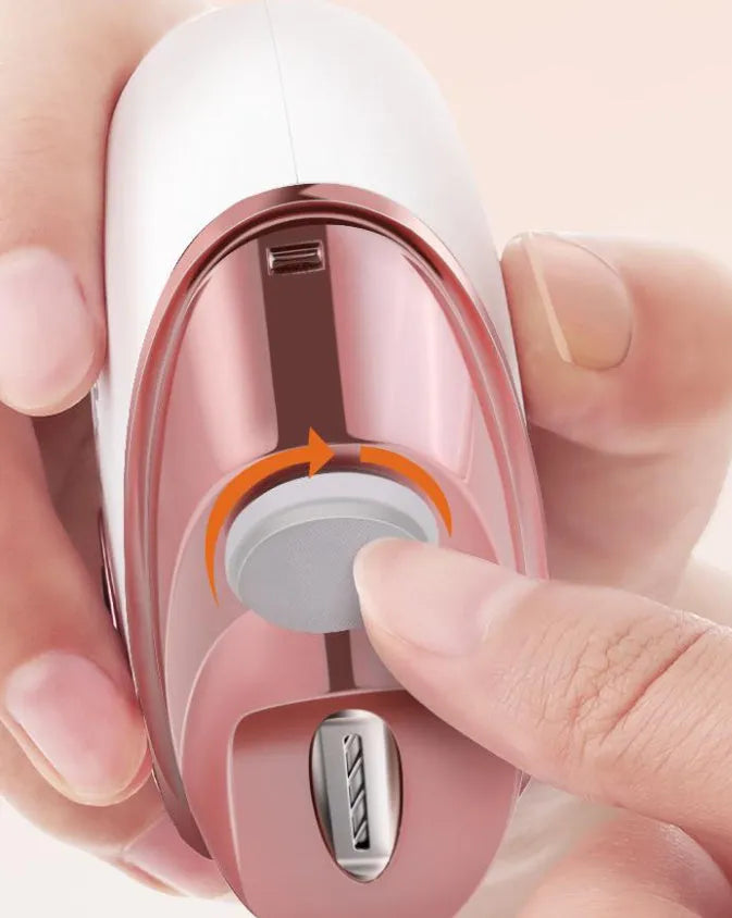 Electric nail clippers with polishing function in blue, orange, or white colour with Type-C charging cable