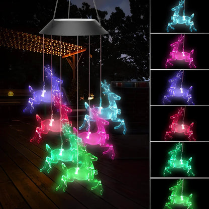 Solar-powered wind chime garden lamp with hummingbird design, automatic day-night operation, waterproof construction