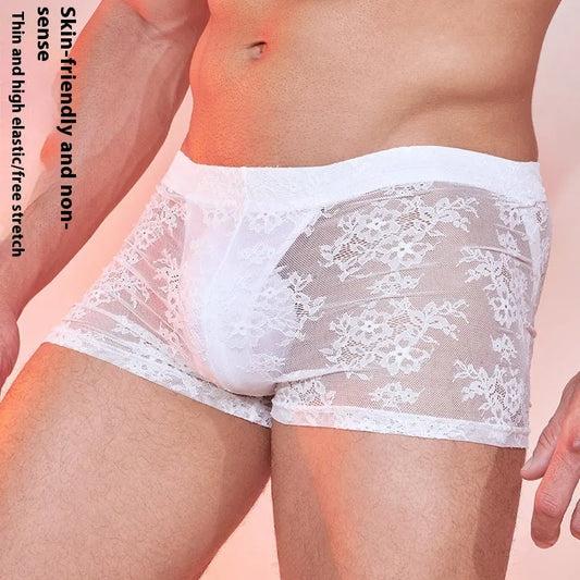 Fashion Personality lace men's boxers in black, white, and red colours, showing free-size fit and nylon fabric.