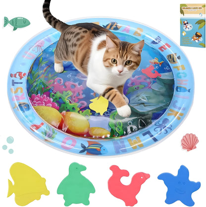 Thickened PVC water sensory playmat for pets with ocean fish design and floating toys.