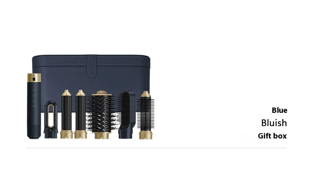 Electric hot air styling comb with six attachments for curling and straightening hair in leather case