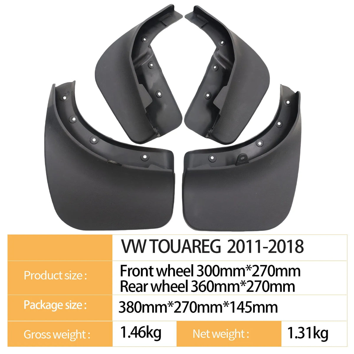 Black PP soft plastic 4-piece mudguard set for rear of four wheels on Volkswagen Touareg with screws and box