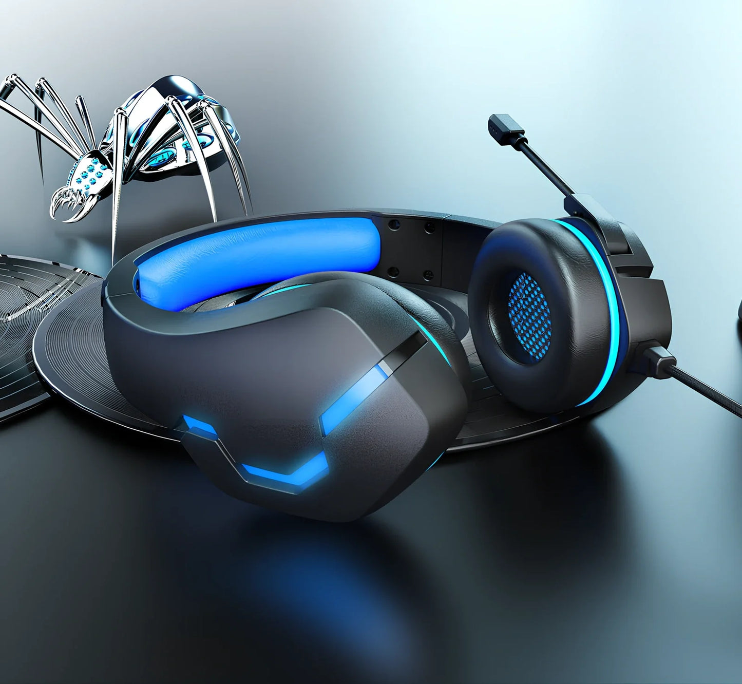 Blue J10 3.5mm wired gaming headset with LED lights, noise-canceling mic, and adjustable headband for PC use, 170x90x210mm size