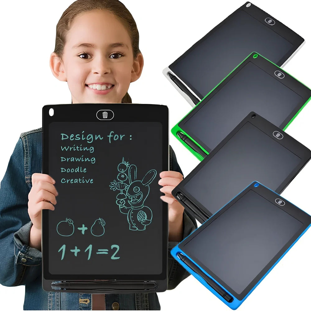 8.5-inch LCD writing board with stylus showing pressure-sensitive writing on blue background