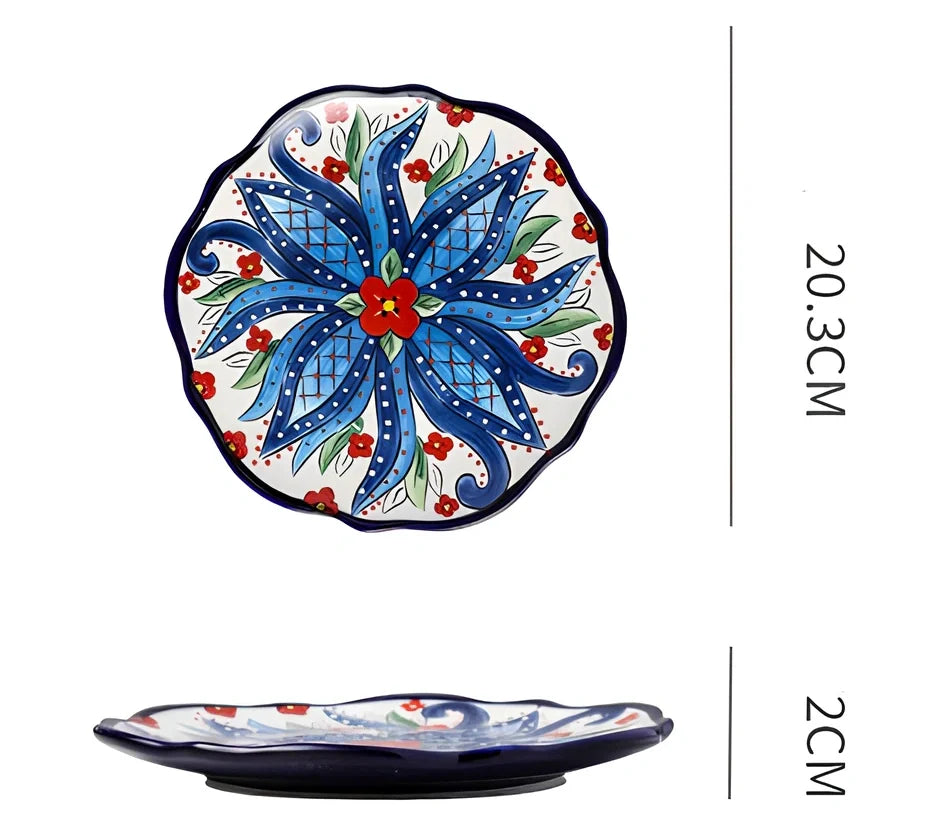 Underglaze ceramic bowl with Bohemian floral pattern in blue mandarin duck design, 8 inch diameter