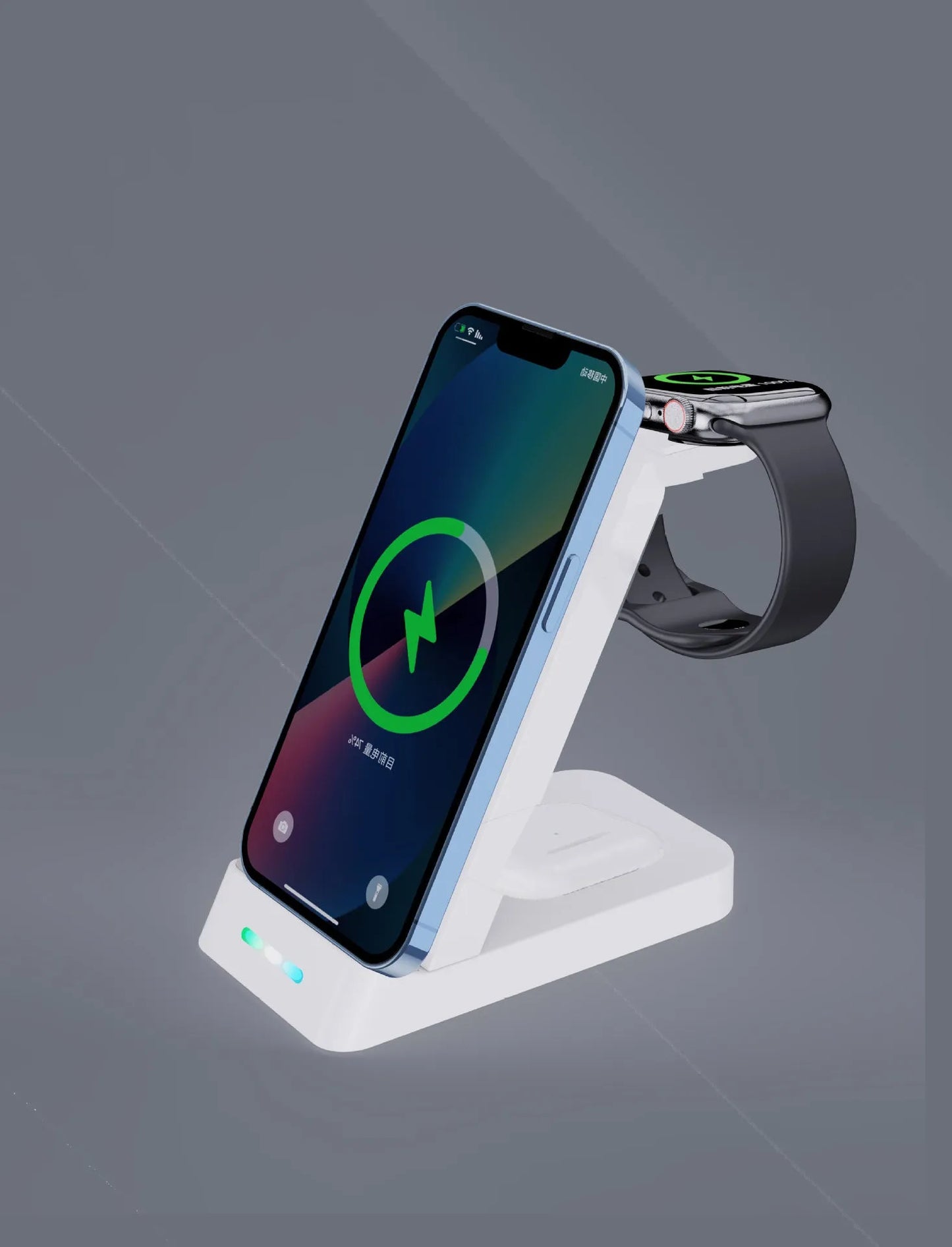 Black and white wireless 3-in-1 charger with phone stand, charging phone, AirPods, and iWatch on desk
