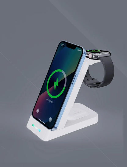 Black and white wireless 3-in-1 charger with phone stand, charging phone, AirPods, and iWatch on desk
