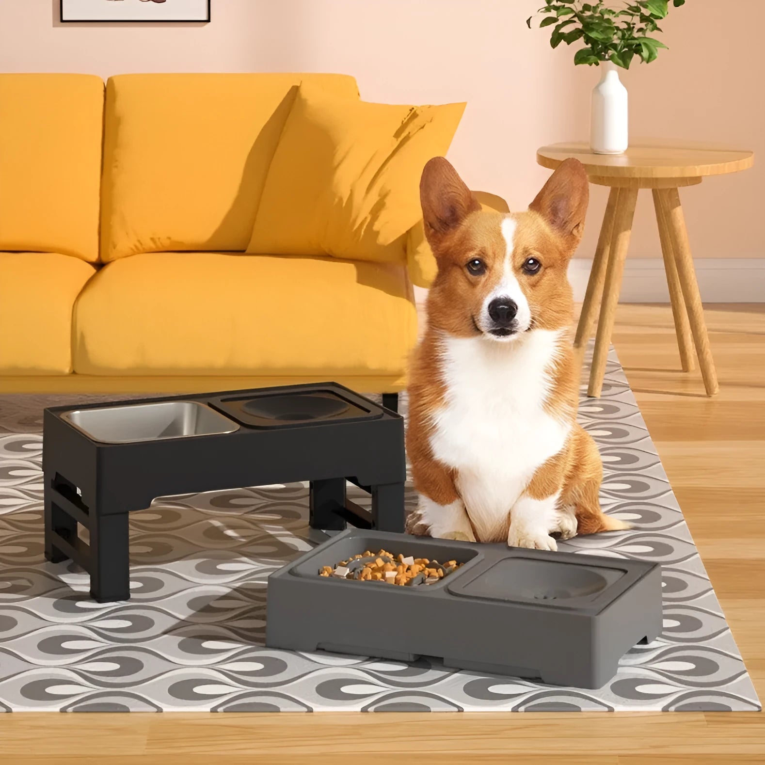 Adjustable height dog feeding stand with two stainless steel bowls in black or grey colours.