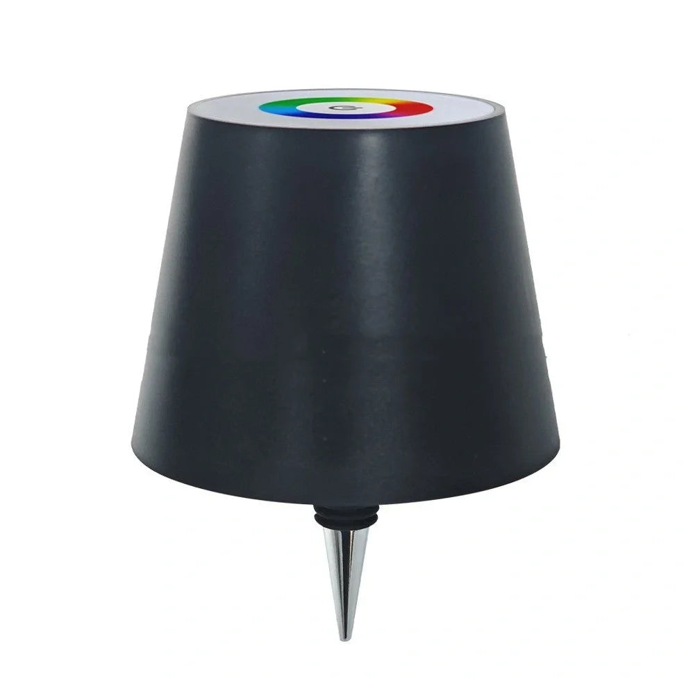 Wireless LED desk lamp with wine bottle design showing detachable components and touch control panel