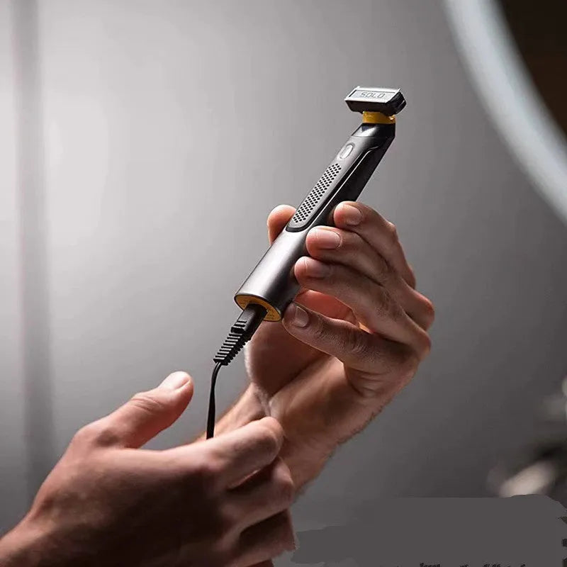 Wireless rechargeable precision shaver with stainless steel blades and LED light