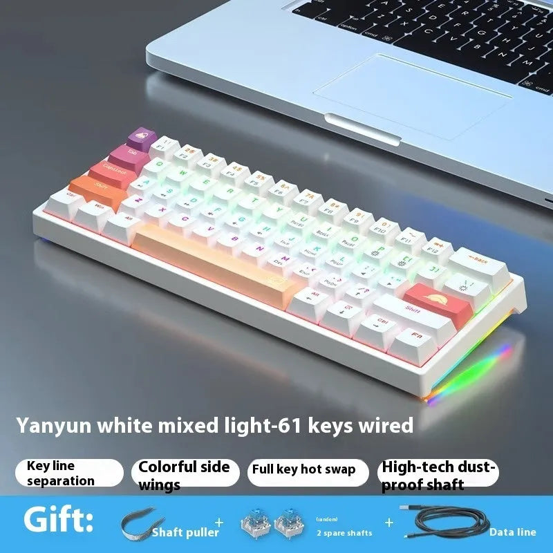 Small white 61-key mechanical keyboard with hot-swappable sockets and a black USB cable.
