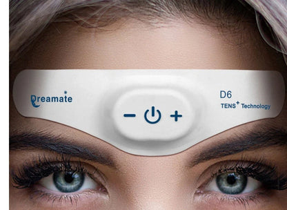 Electronic Smart Sleep Instrument on forehead demonstrating use for insomnia relief