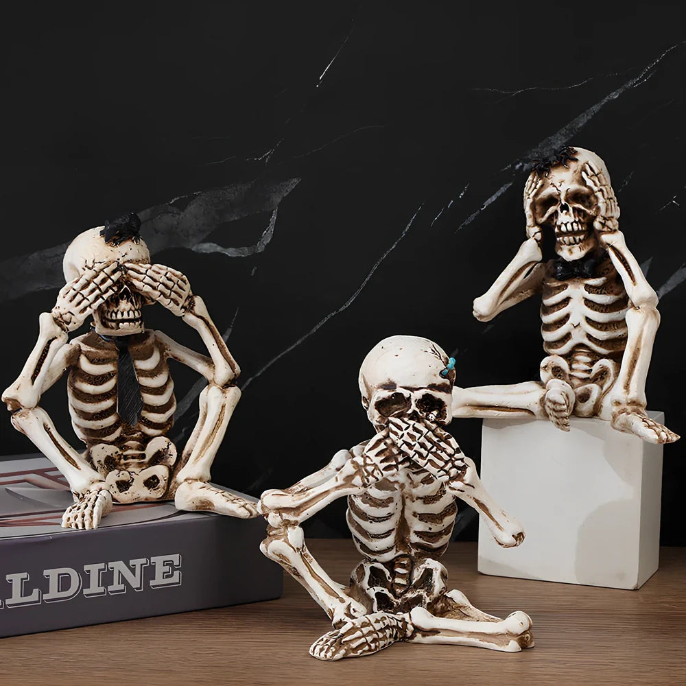 Resin Halloween three-piece set featuring ghost, skeleton don't listen, and don't look figures, 10-15 cm tall in photo colour