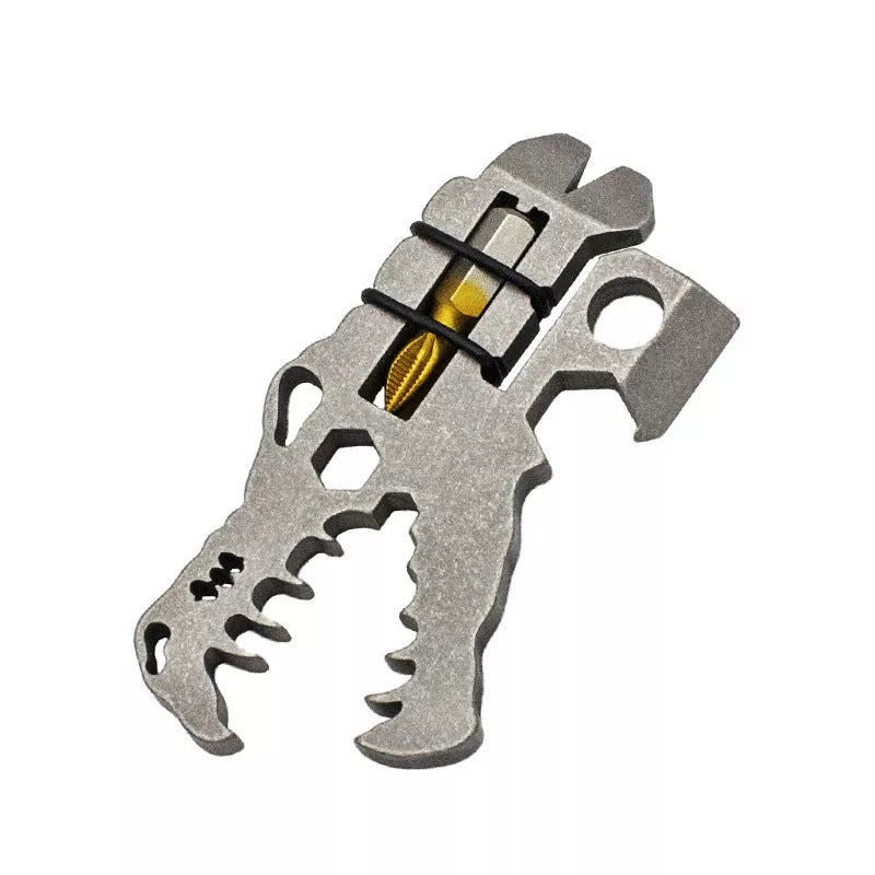 Dinosaur Head Tool in TC4 titanium, available in grey, blue, and copper