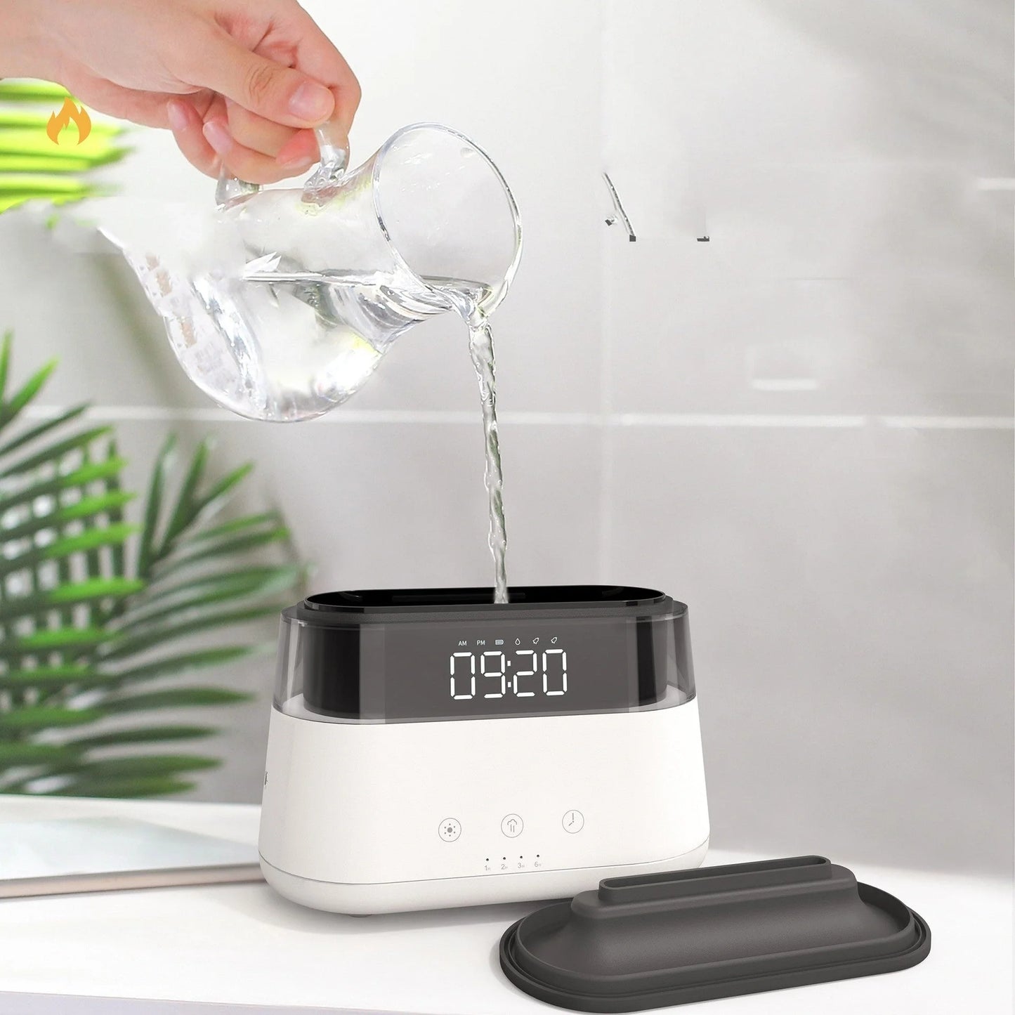 White flame humidifier with clock and aromatherapy function