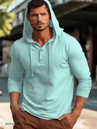 Casual cotton pullover hoodie in light green shown on a model