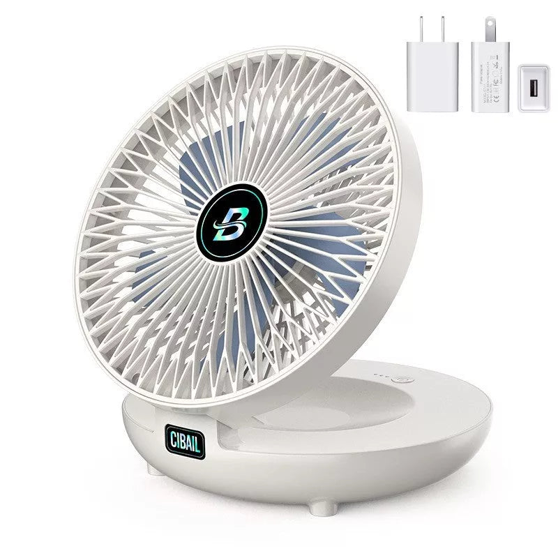 Compact folding wall-mounted fan in white or blue with USB power option
