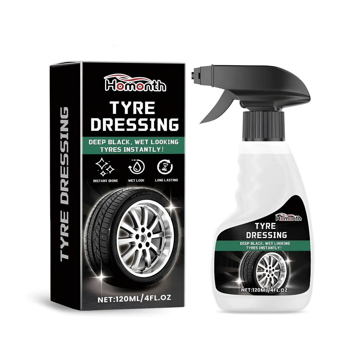 120ml car tyre gloss agent bottle, 7.5cm x 4.8cm x 17cm, silicone oil formula for black tyre shine