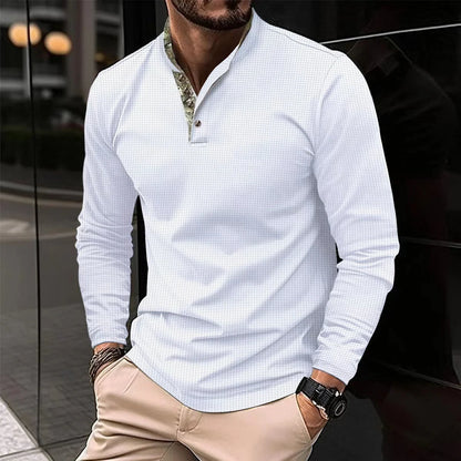 Premium long-sleeve polo shirt in various colors and sizes, featuring a unique double-layer lapel design and soft, breathable waffle fabric for a sophisticated, casual look.